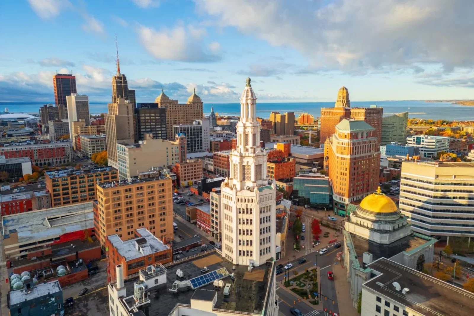 Aerial view of downtown Buffalo, NY at golden hour